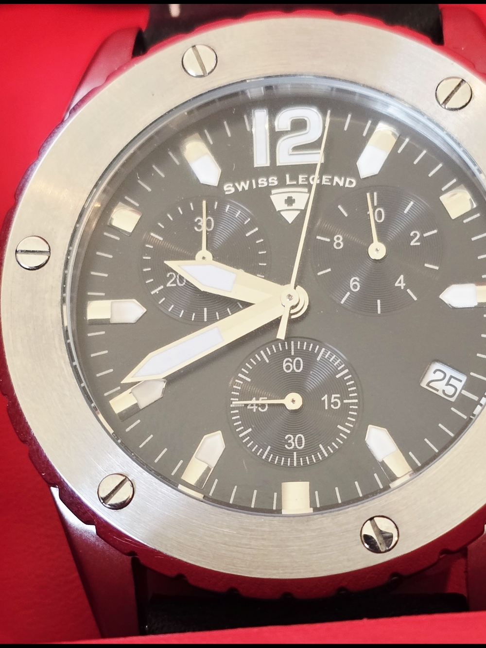 NWT Swiss Legend Windmill Black Dial Chronograph with Silver Bezel In Box